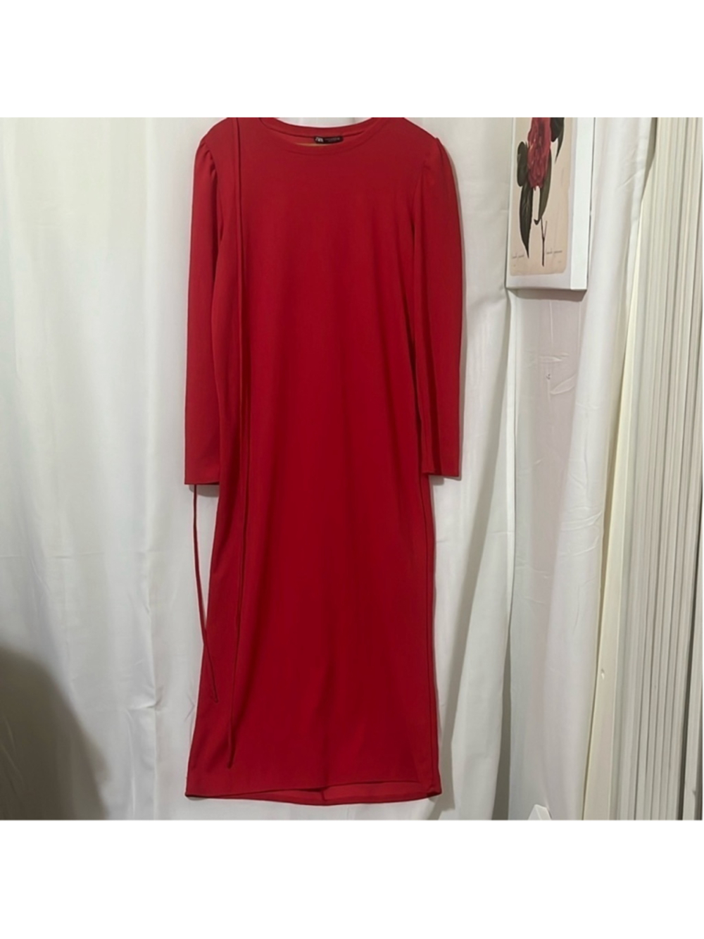 Zara Red Super Maxi Long Sleeve Dress with Optional Belt a224